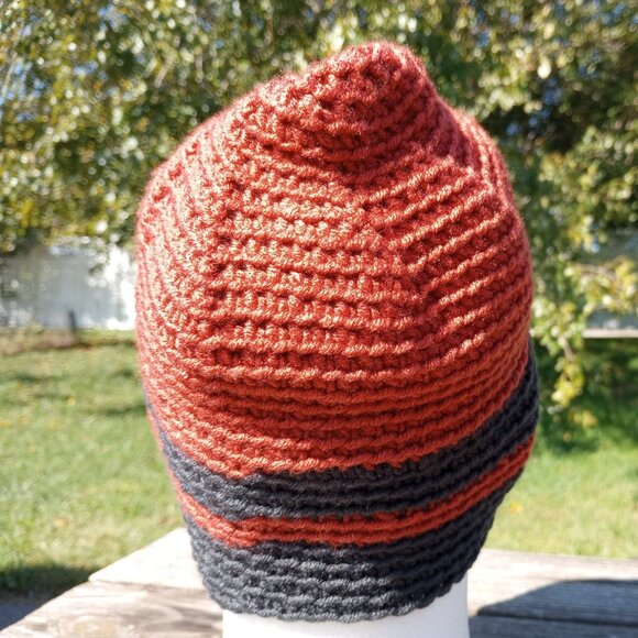 Men's Beanie Hat Handmade Rust Orange Gray Crochet Boating Hiking Outdoors Sz M - Picture 5 of 9